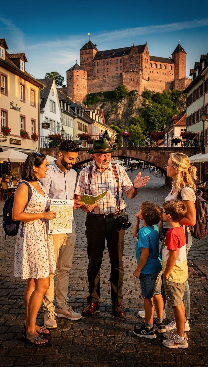 Besuchergruppe folgt einem professionellen Stadtführer durch mittelalterliche Straßen eines deutschen Stadtzentrums